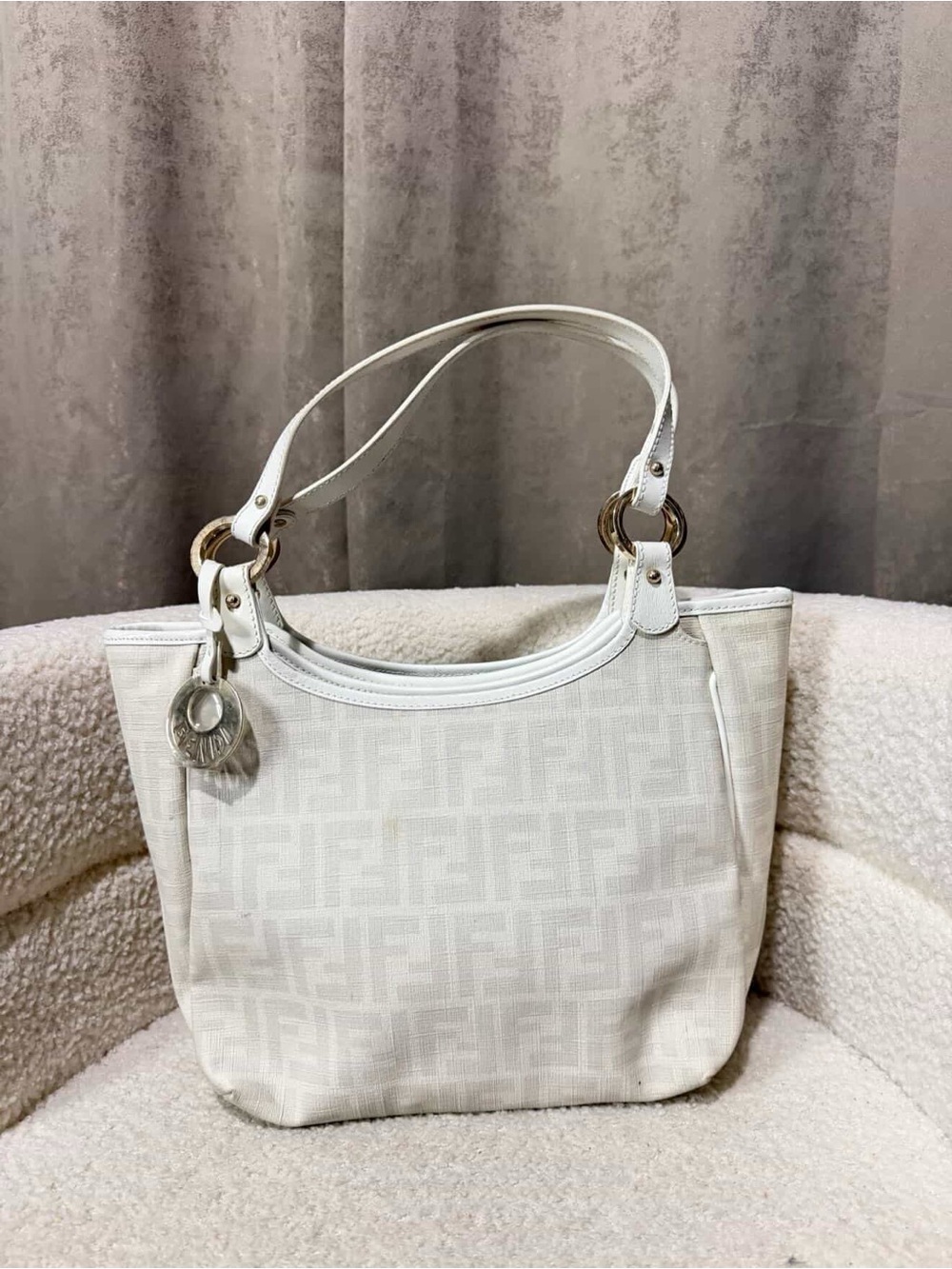 Fendi White Monogram Shoulder Bag with Gold Hardware